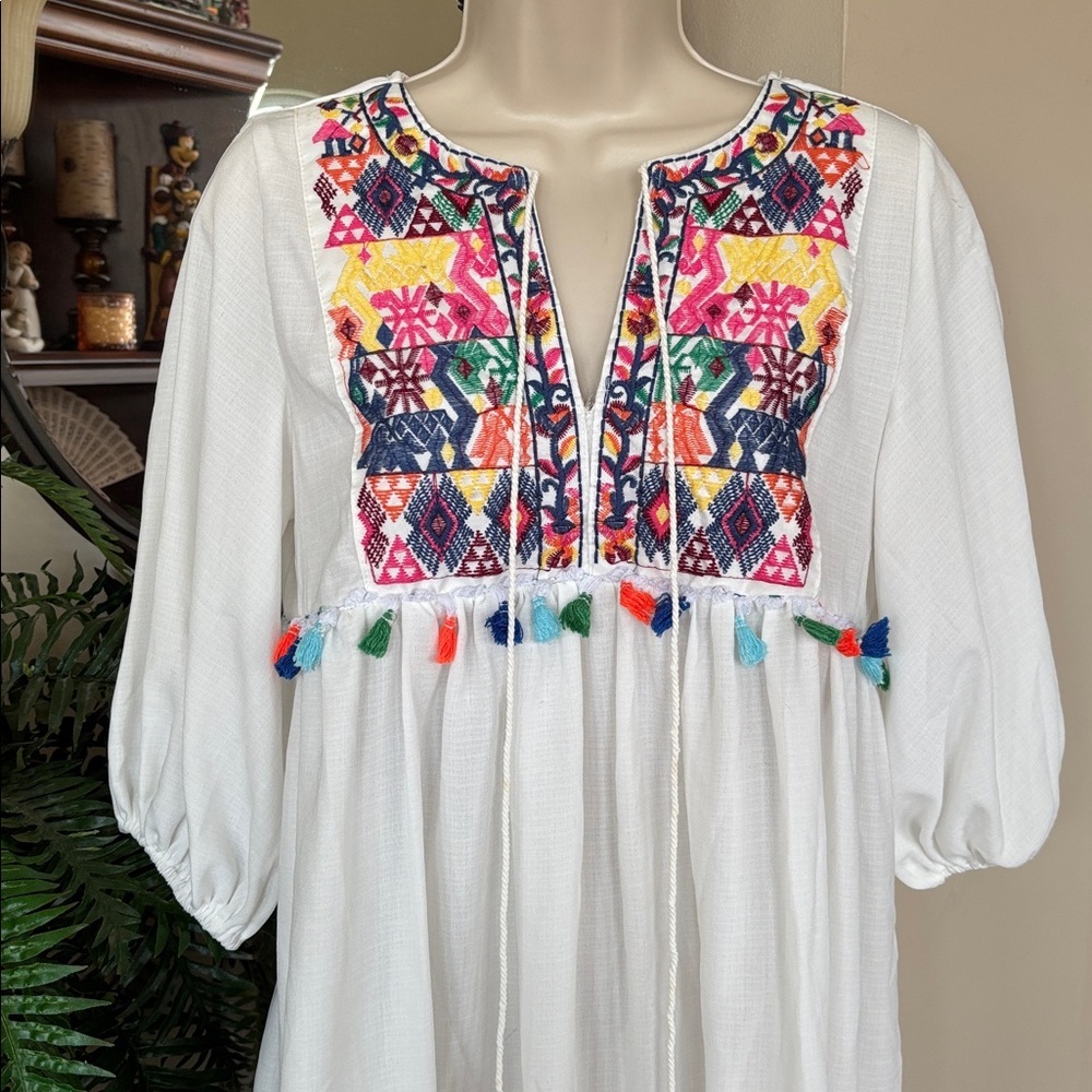 White Colorful Embroidered Tassel Babydoll Dress Puff Sleeves Beach V-Neck Mini - Picture 2 of 12